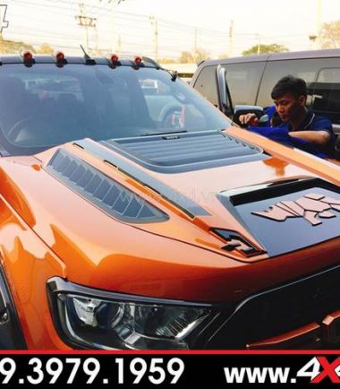 Ốp nắp capo con tê giác màu đen cam độ xe Ford Ranger